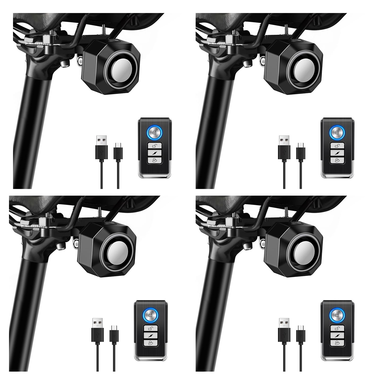 NineLeaf Fahrrad Alarmanlage mit Fernbedienung, 110dB Fahrradalarm mit Sattelhalterung, Lautstärke Empfindlichkeit einstellbar,IP65wasserdicht,USB-C wiederaufladbar, Diebstahlschutz für Fahrräder,4PK