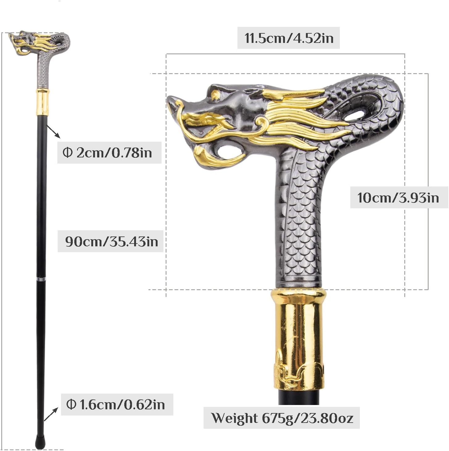 Black Gold Dragon Walking Cane, Luxury Men Womens Walking Stick, Removable Anti Slip Scepter Cospaly Vintage Party 90cm