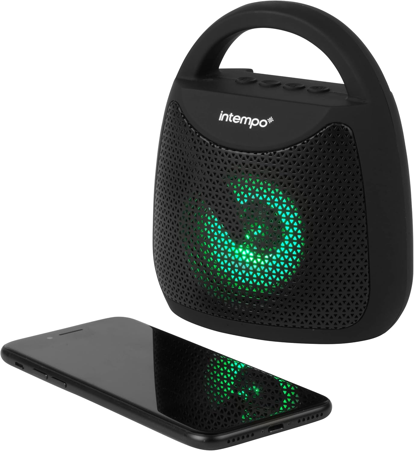 Intempo Tempo Portable LED Speaker placed next to a smartphone, illustrating Bluetooth connectivity.