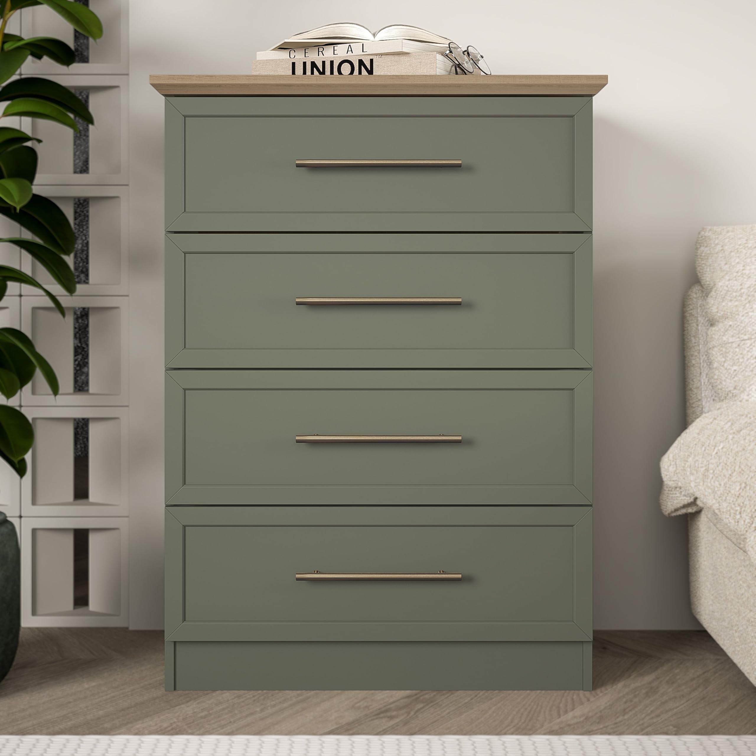 Galano Cleverton 4 Drawer Chest – Storage Cabinet for Bedroom, Hallway, or Entryway – Chest of Drawers & Closet Organizer – Kale Green/Oak Finish