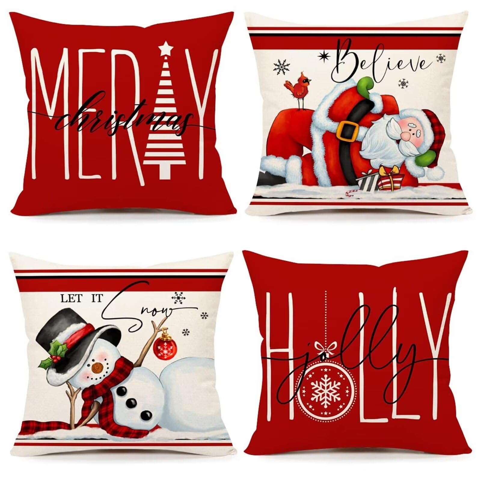 4 Pezzi Natalizi Cuscini per Divano, Natale Federe Cuscino Divano 60x60 CM Pupazzo di neve rosso di Natale, Natale Lino Copricuscini, Decorazione Natalizia per la Casa Soggiorno Natalizie Decorativi