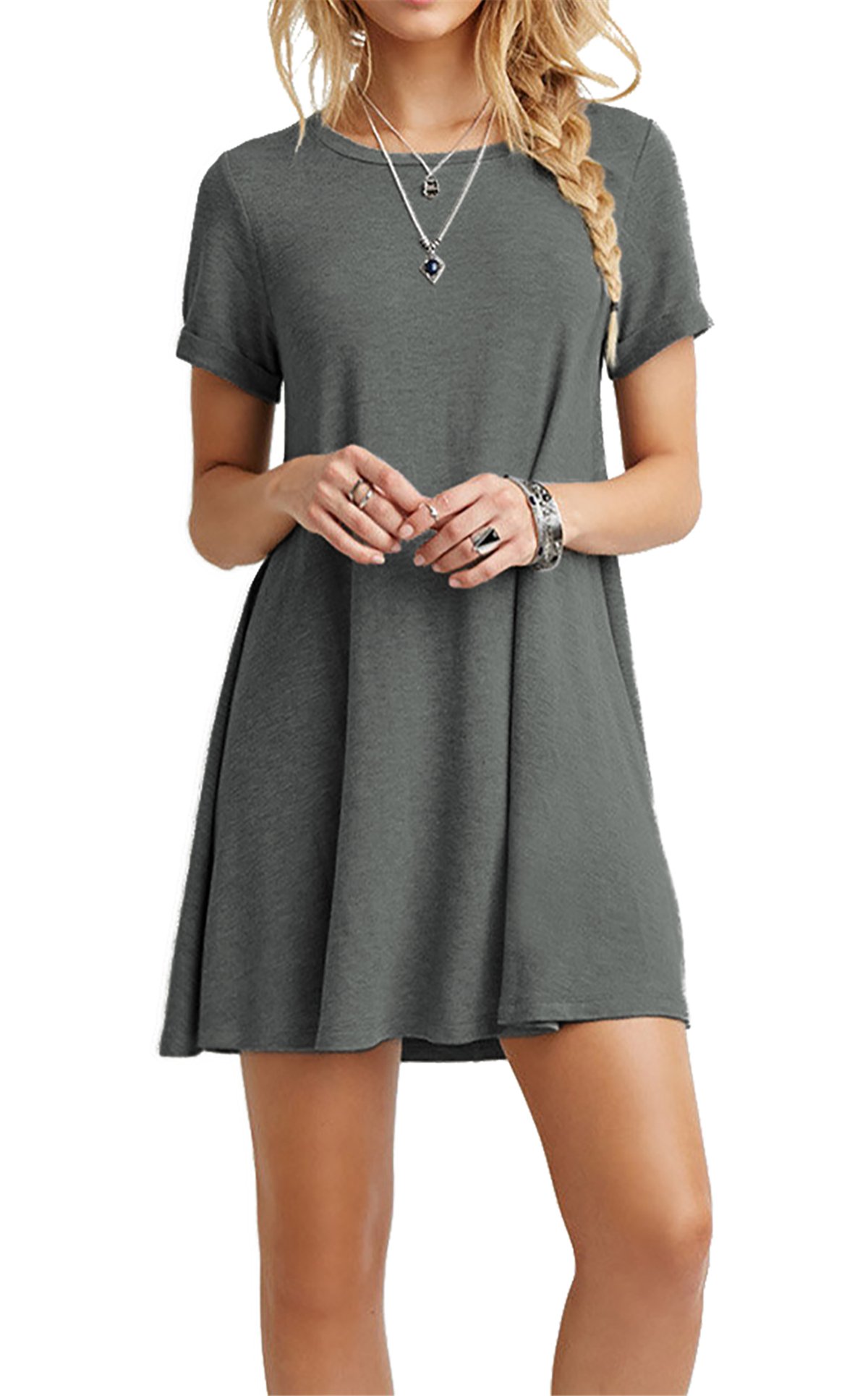 CPOKRTWSO Women's Casual Plain Tshirt Loose Dresses Short Sleeve Grey L