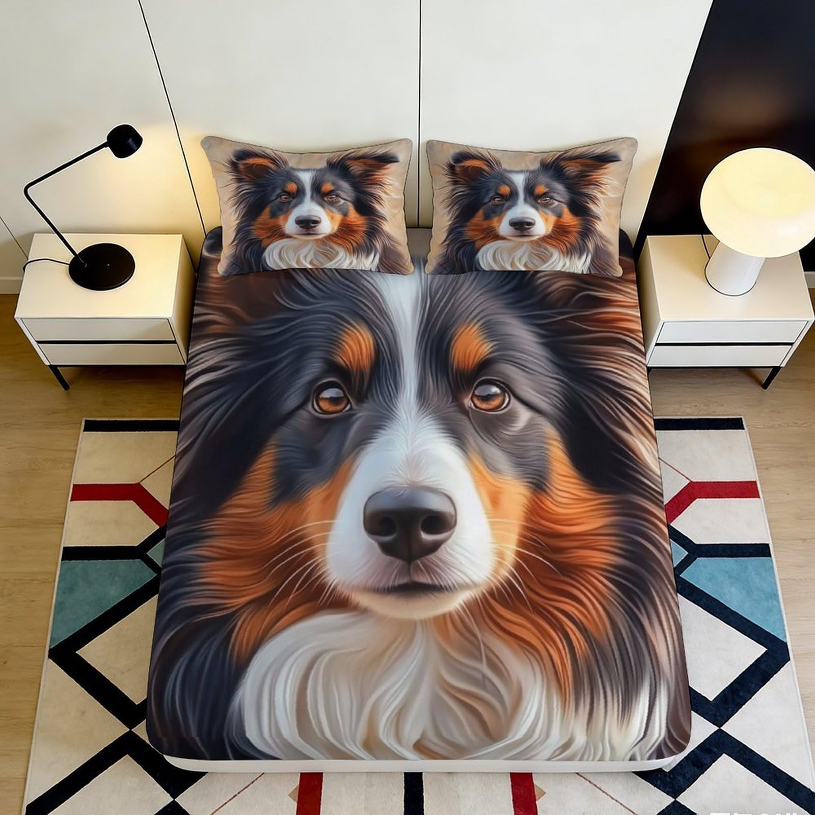 3D Printed Australian Shepherd Dog Fitted Sheet Microfiber Soft Durable Pet Pattern Bed Cover for Bedroom Dormitory Guest Room Mattress Protection 90x200x25cm