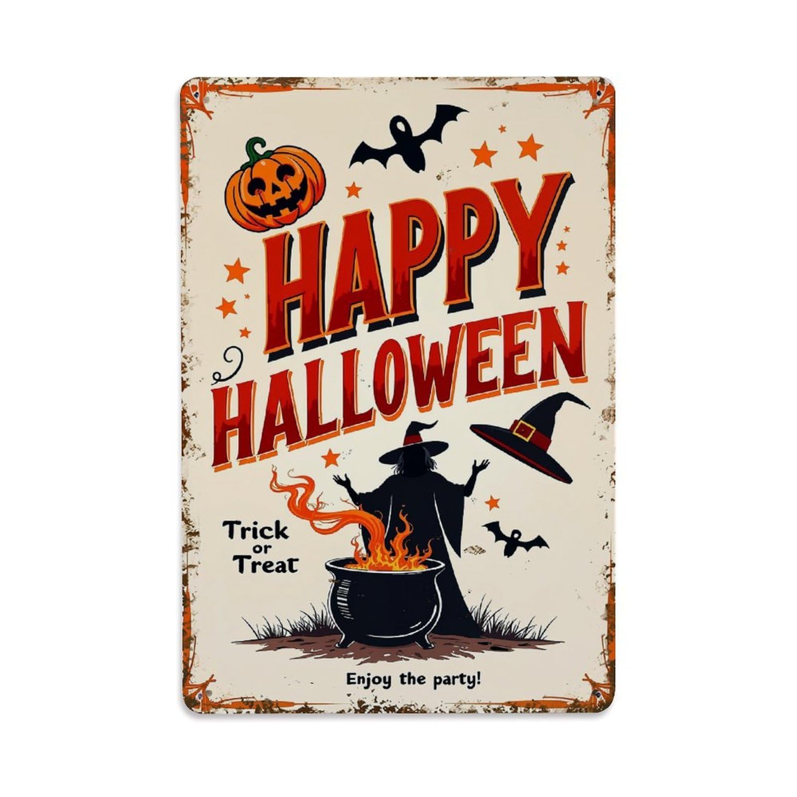Jdfenggu Vintage Happy Halloween Witch Cauldron Design Retro Metal Tin Sign, Metal Poster For Bar, Home, Man Cave, Kitchen, Laundry Room Art Decor 8X12 Inch