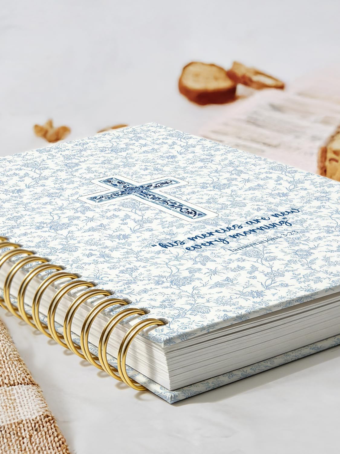 Blue Chinoiserie Floral Christian Cross Bible Journal Notebook, His Mercies Are New Every Morning Bible Verse Notebooks for Work, Floral Religious Hardcover Spiral Notebook Journal 5.5x8.3 image 3