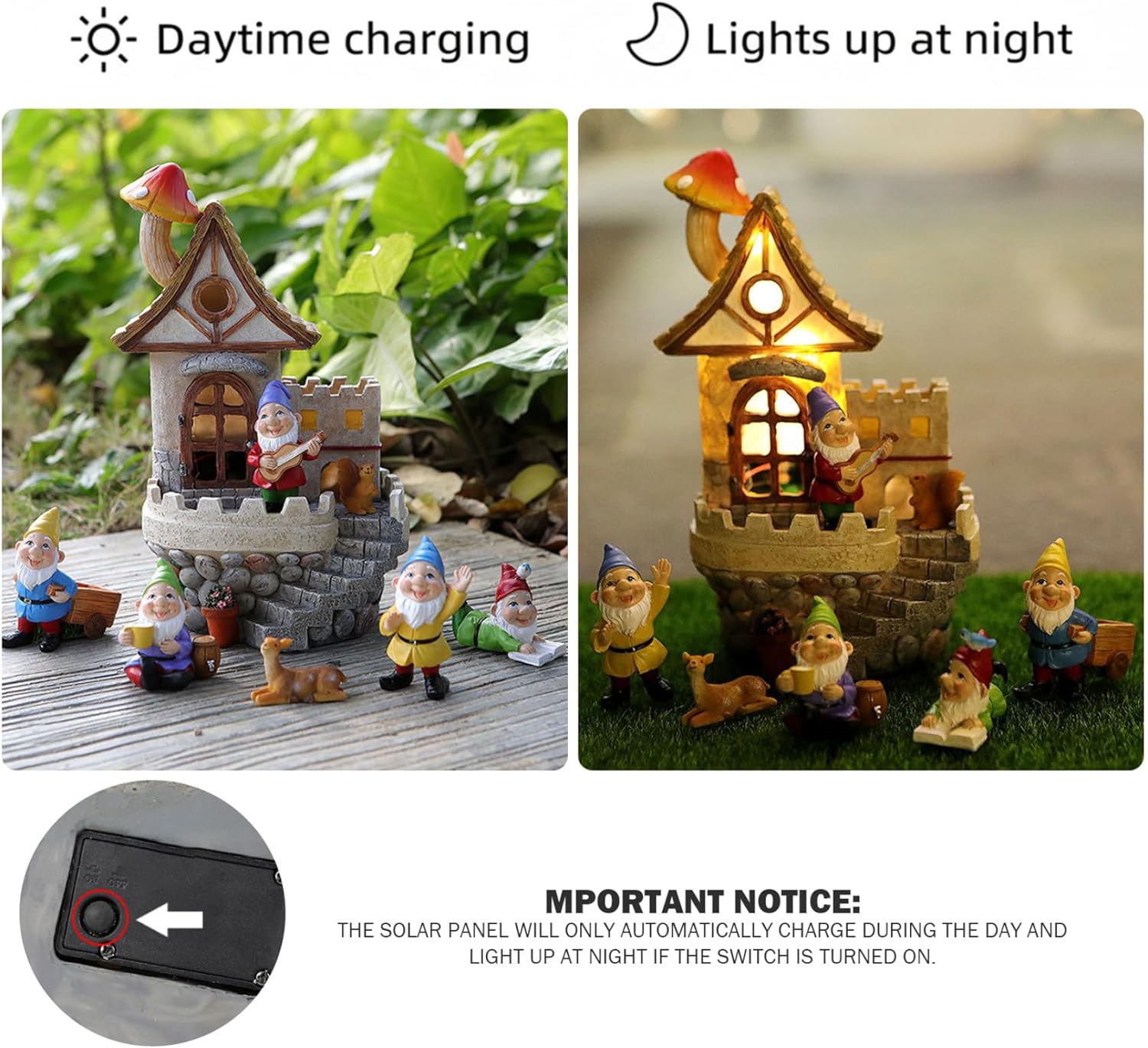 Fairy Garden Kit Solar Fairy Garden House with Gnomes - Enchanted Castle Kit, Waterproof Resin Mushroom Cottage & Small Gnomes Figurines Set