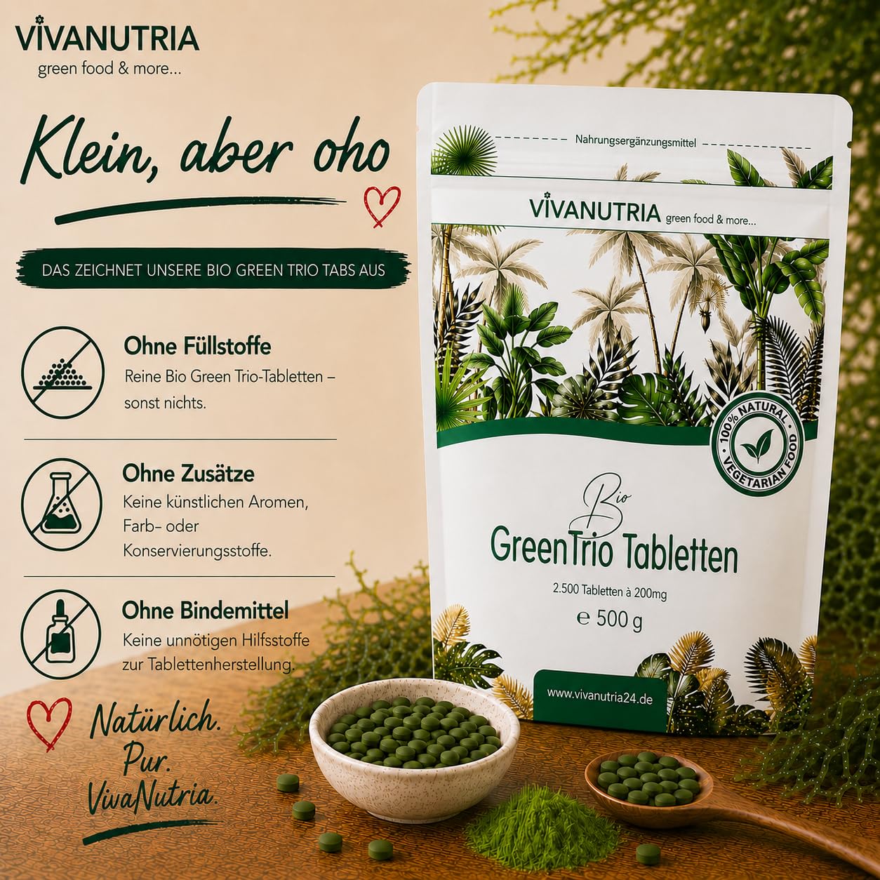 VivaNutria Bio Green Trio Presslinge 500g | aus kontrolliert biologischem Anbau I 2500 Tabletten aus Spirulina Chlorella & Gerstengras I ohne Zusätze I Rohkostqualität I vegan