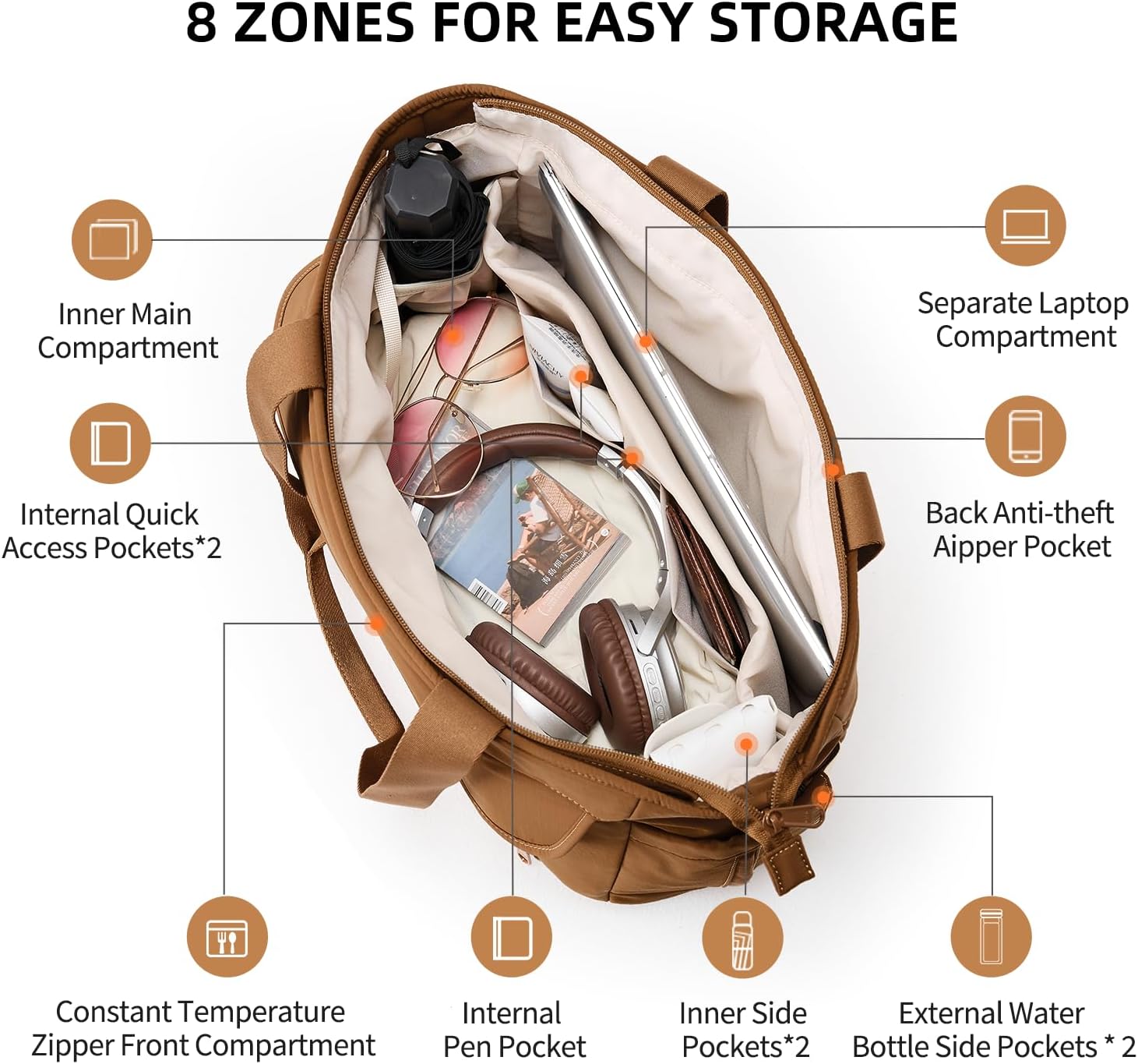 aji Lunch Tote Bag for Women, 15.6-17.3 Inch Laptop Tote Bag with Insulated Lunch Compartment, Leakproof Water-resistant Large Capcity Travel Bag for Work Office Picnic Beach, Warm Brown