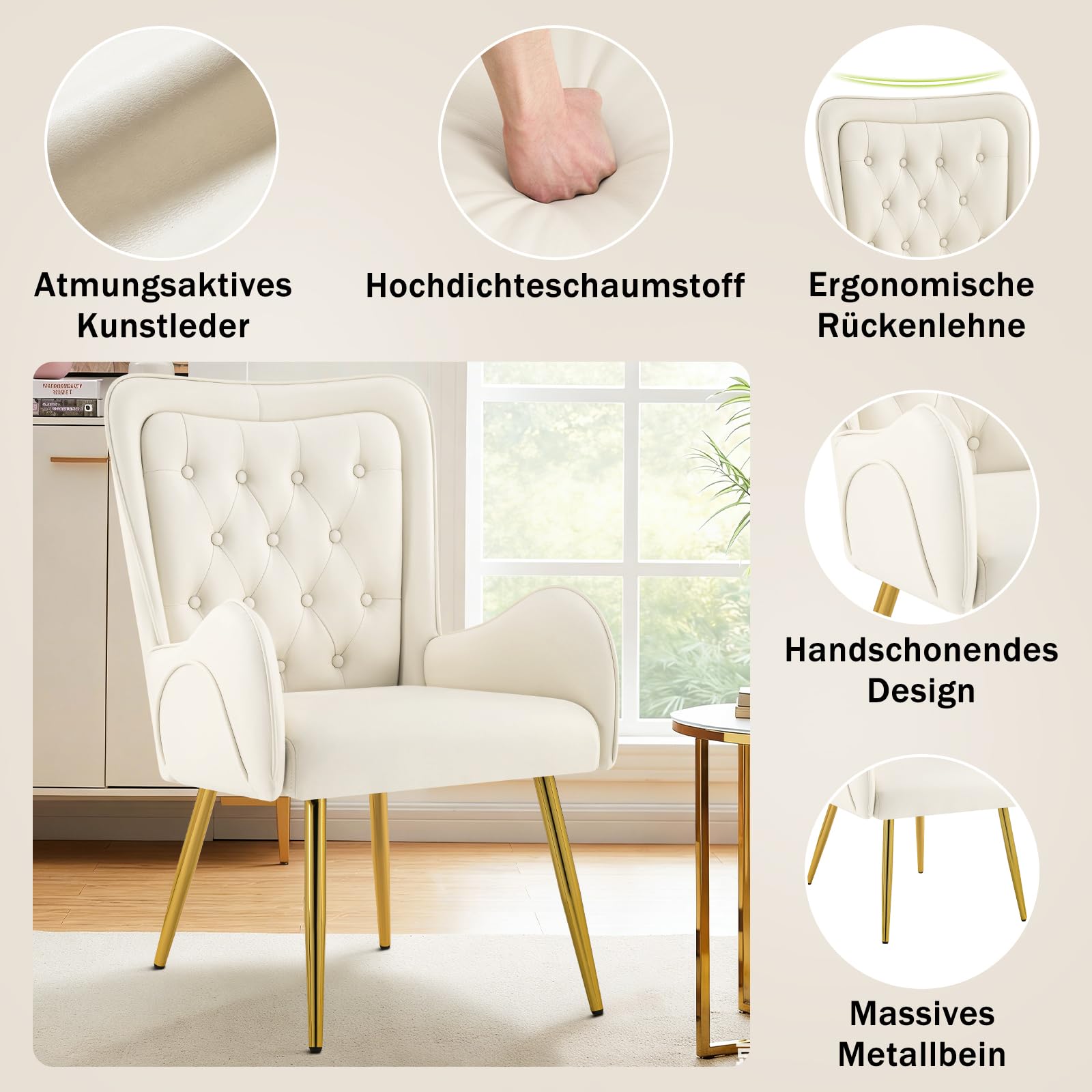 Hellove 2er Set Ohrensessel mit doppellagiger Rückenlehne – Wählbar: Samt oder Kunstleder – Bequemer Polsterstuhl mit goldenen Beinen – Skandinavischer Relaxsessel für Wohnzimmer, Beige
