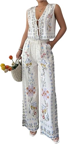 RoseSeek Women's 2 Piece Boho Floral Outfits Tie Front Tank Tops with Wide Leg P