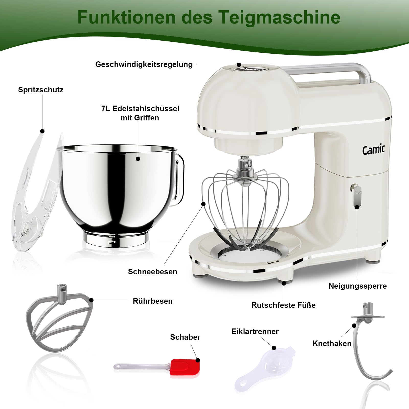 Camic Küchenmaschine - 2000W - 10 Geschwindigkeitsstufen mit Tragegriff, Edelstahl Rührschüssel (7L), Knetmaschine mit Rührhaken, Knethaken, Schlagbesen und Spritzschutz
