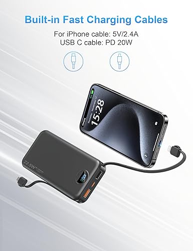 Miniatura 5 de Cargador portátil con enchufe de pared, cargador de batería USB C de 12000 mAh de carga rápida, batería externa con cables integrados, pantalla