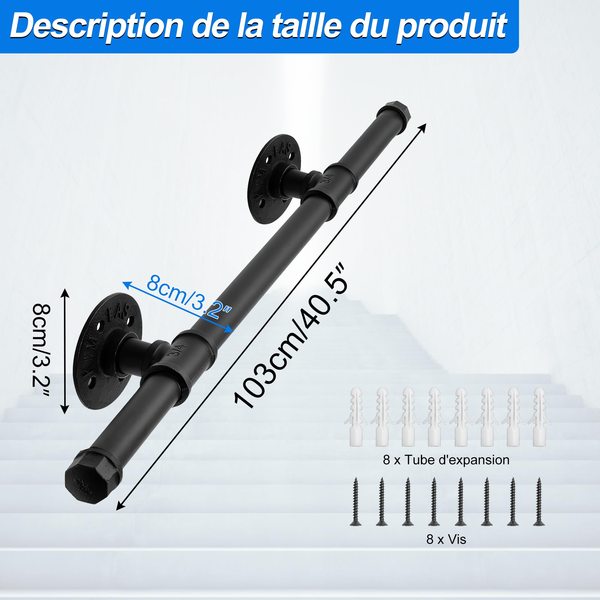 OUUTMEE Mango de 100cm Negro Hierro Forjado Mango de pared Calibre: ø25 mm, adecuado para interiores y exteriores, barandilla de escalera, con soporte de pared y tapas de extremo