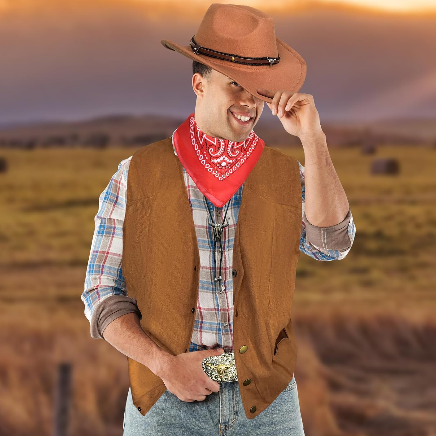 Western Cowboy Costume Mens-Cowboy Outfit Accessories Hat Vest Belt Bandana Necklace for Halloween Party - Image 6