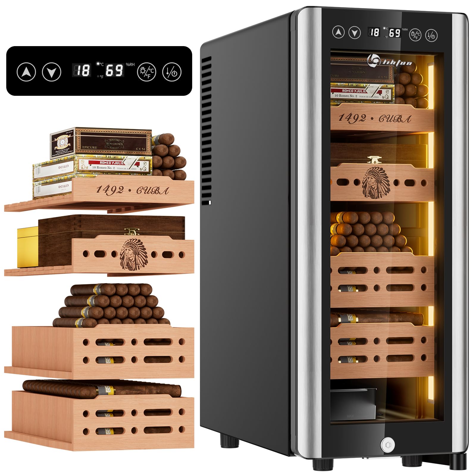 Photo 1 of ***UPDATED 5/30***LIHTUN 35L Electric Cigar Humidor Cabinet with Light for 250 Cigars, Thermoelectric Cooling, Adjustable Temp and Humidity, Digital Display, 4 Removable Cedar Shelves, Lock, Wine Storage, Gift for Men