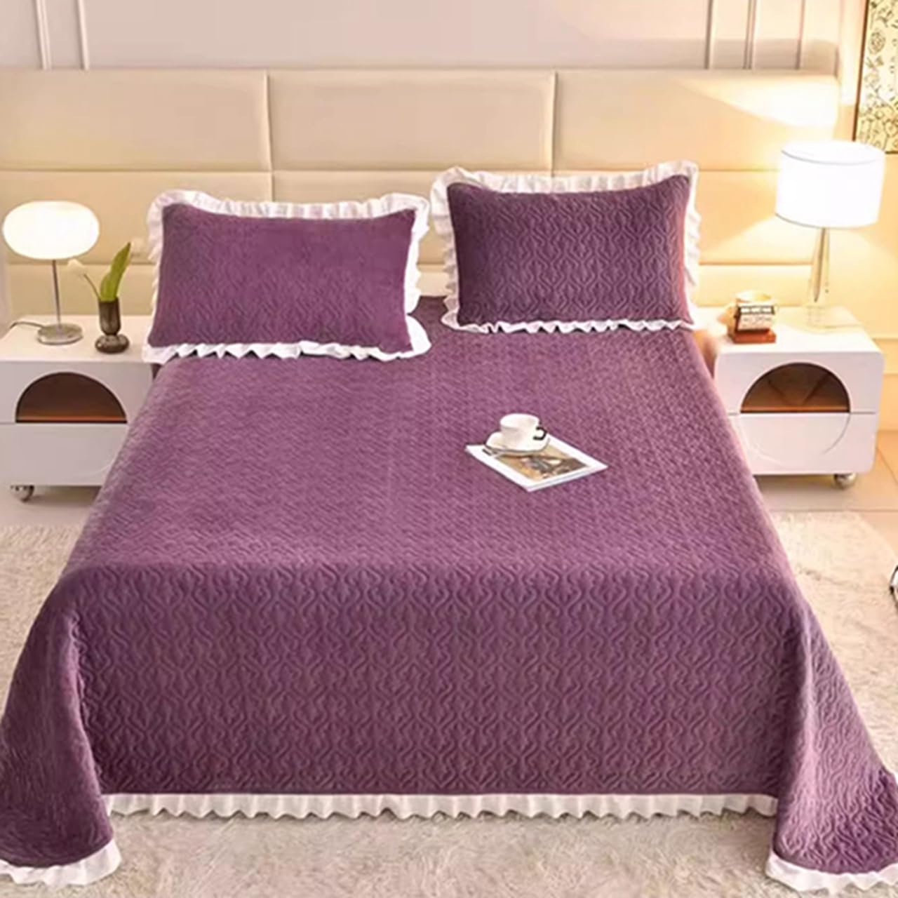 Amazon｜秋冬 パープル ベッドカバー ベッドスプレッド 中綿入り