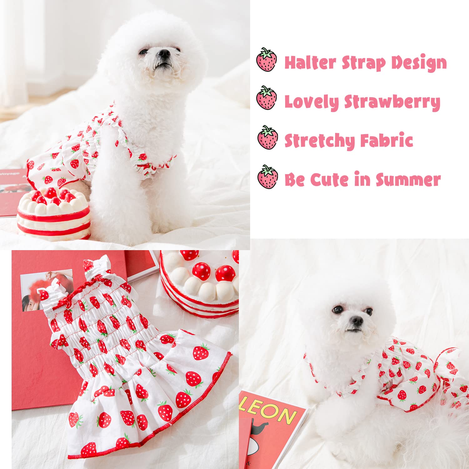 HDKUW Small Dog Dress Strawberry, Dog Halter Skirt for Small Dogs, Doggie Sundress Dog Apparel L