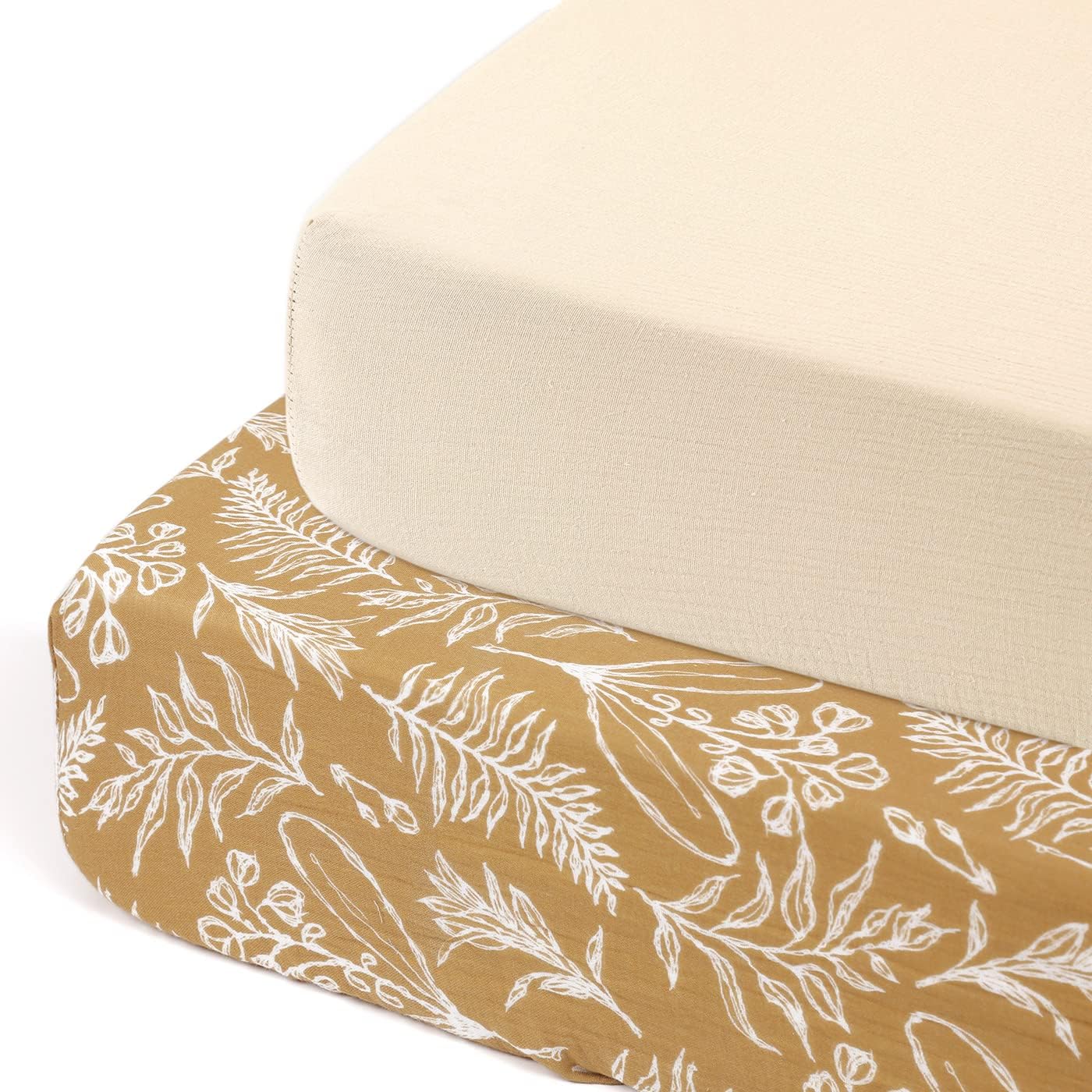 GRSSDER Soft Muslin Crib Sheet 2 Pack, 100% Cotton Crib Sheets for Boys and Girls, Fit Standard Crib Mattresses 52" x 28" Safe and Snug, Beige/Golden Autumn