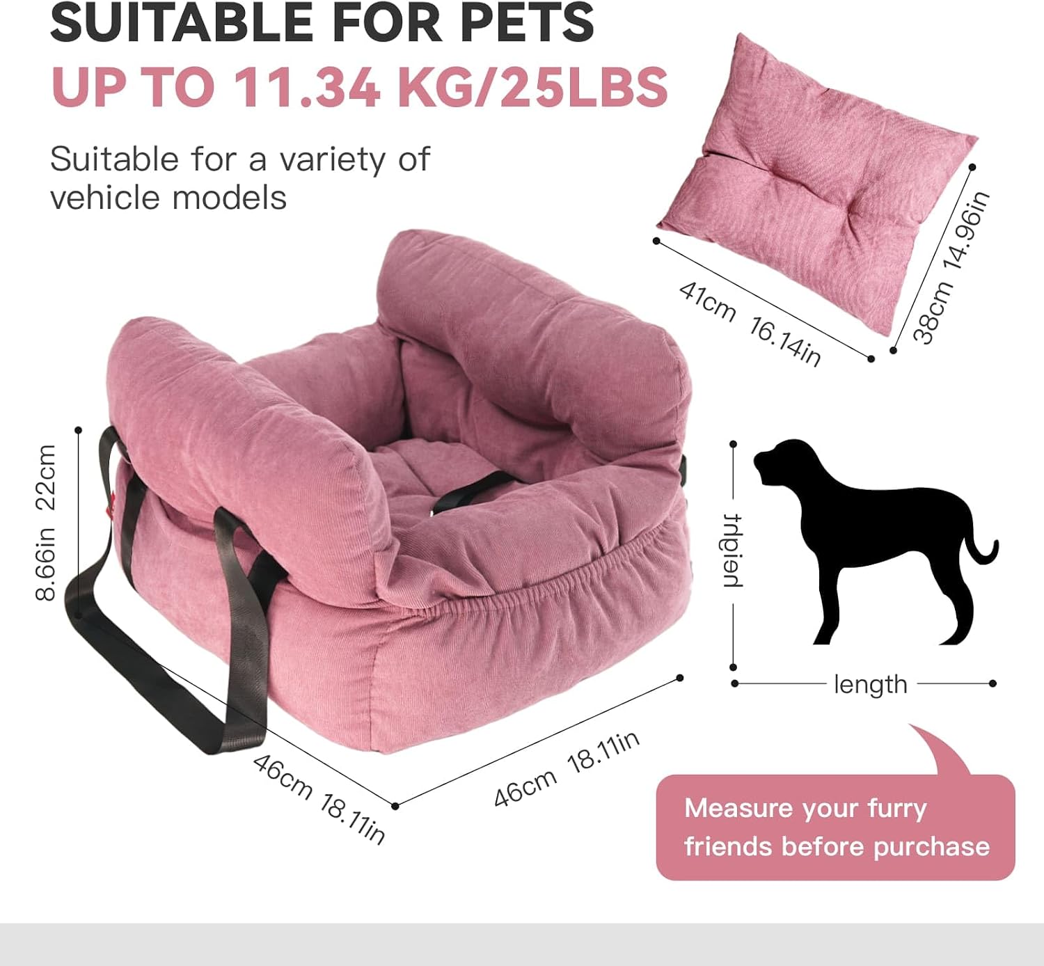 Pet Car Seat for Small Dogs up to 25 lbs with Safety Straps, Storage Pockets, Travel Carrier Bed Booster Seat, Machine Washable (Pink) image 2