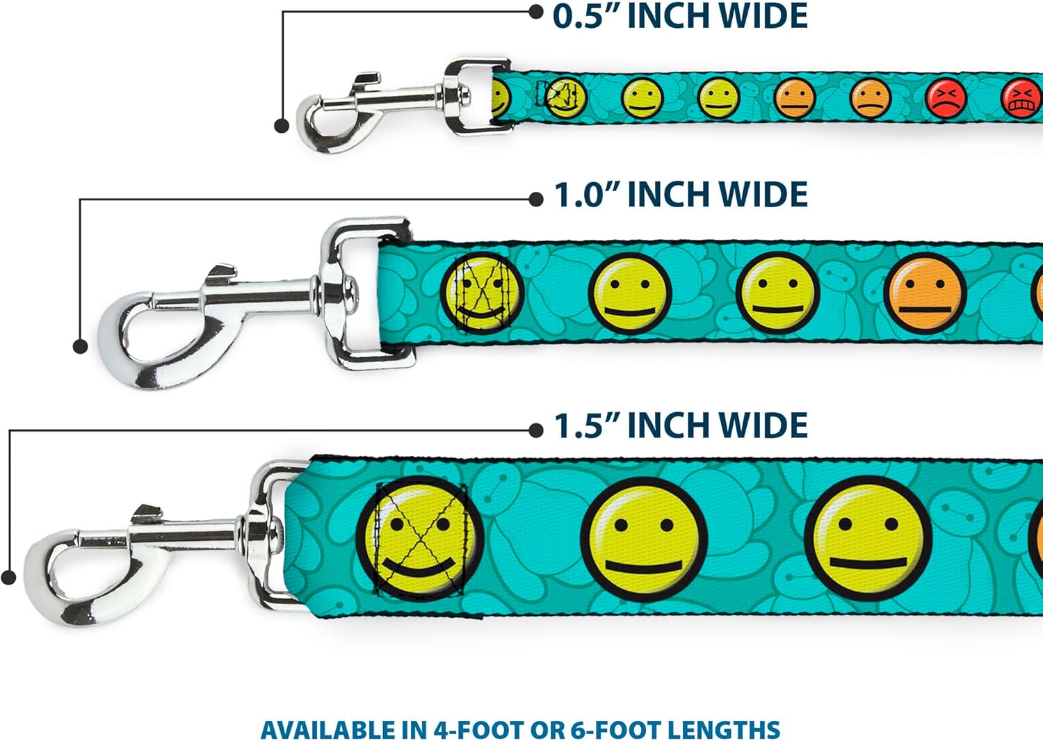 Buckle-Down Pet Leash - Baymax/Mood Expressions/Baymax Scattered Turquoise - 6 Feet Long - 1" Wide