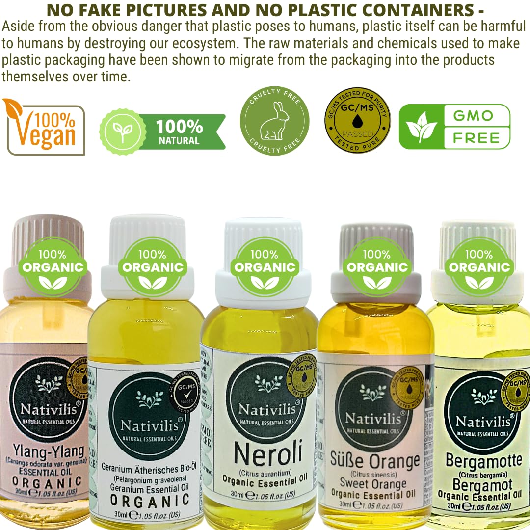 Nativilis - Juego de aceites esenciales orgánicos – Ylang-ylang, geranio, neroli, naranja dulce y bergamota, 5 x 30 ml, aromaterapia floral y cítrica para relajación y bienestar