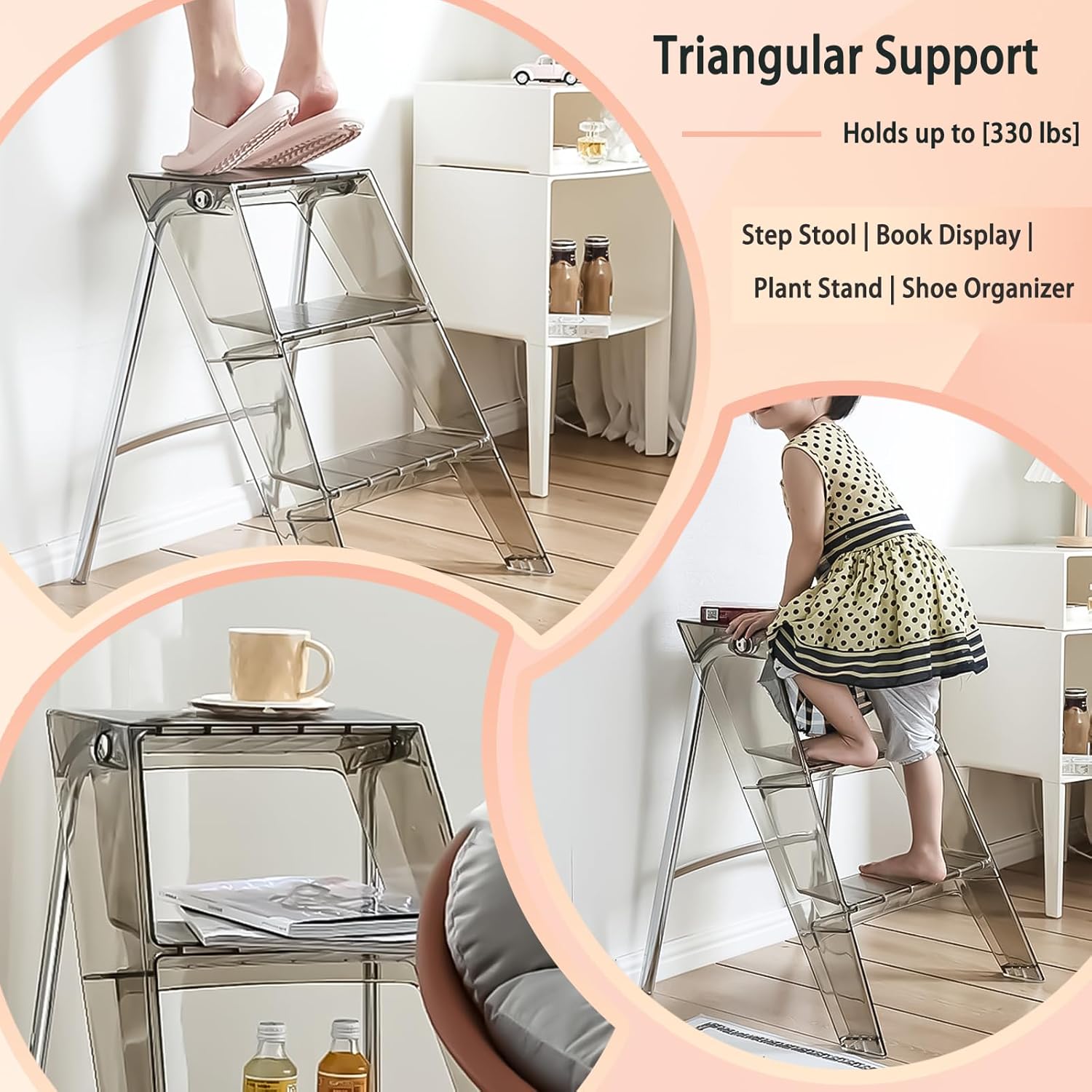 3-Step Clear Acrylic Step Stool for Adults, 330lb Heavy Duty Stepladder, 2-in-1 Portable Stool for Kitchen Bathroom, Lightweight with Non-Slip Rubber Feet Amber Translucent