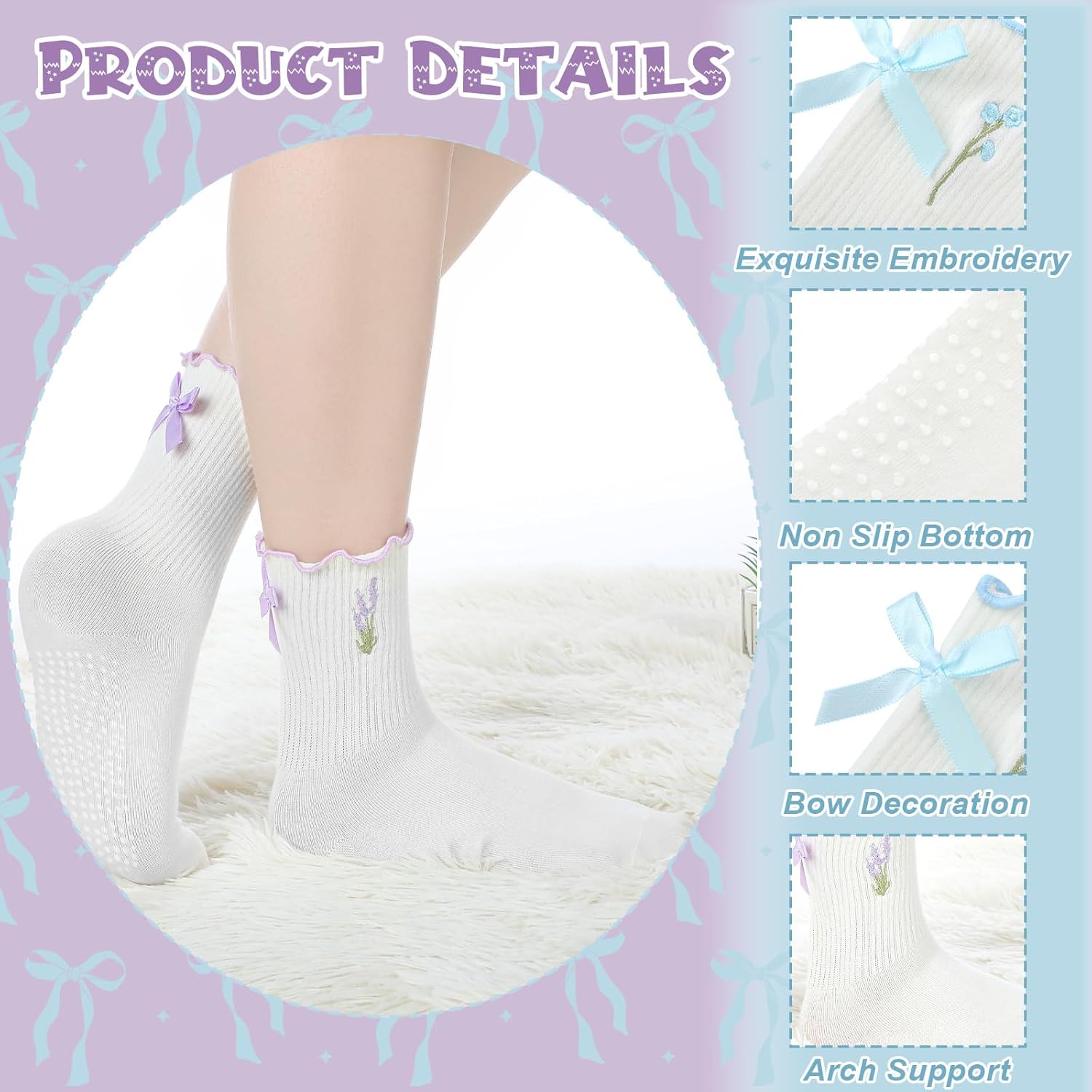 Jeyiour 6 Pairs Cute Pilates Socks with Grip White Pilates Bows Non Slip Ruffle Embroidered Socks for Yoga Barre Barefoot Workout - Image 4