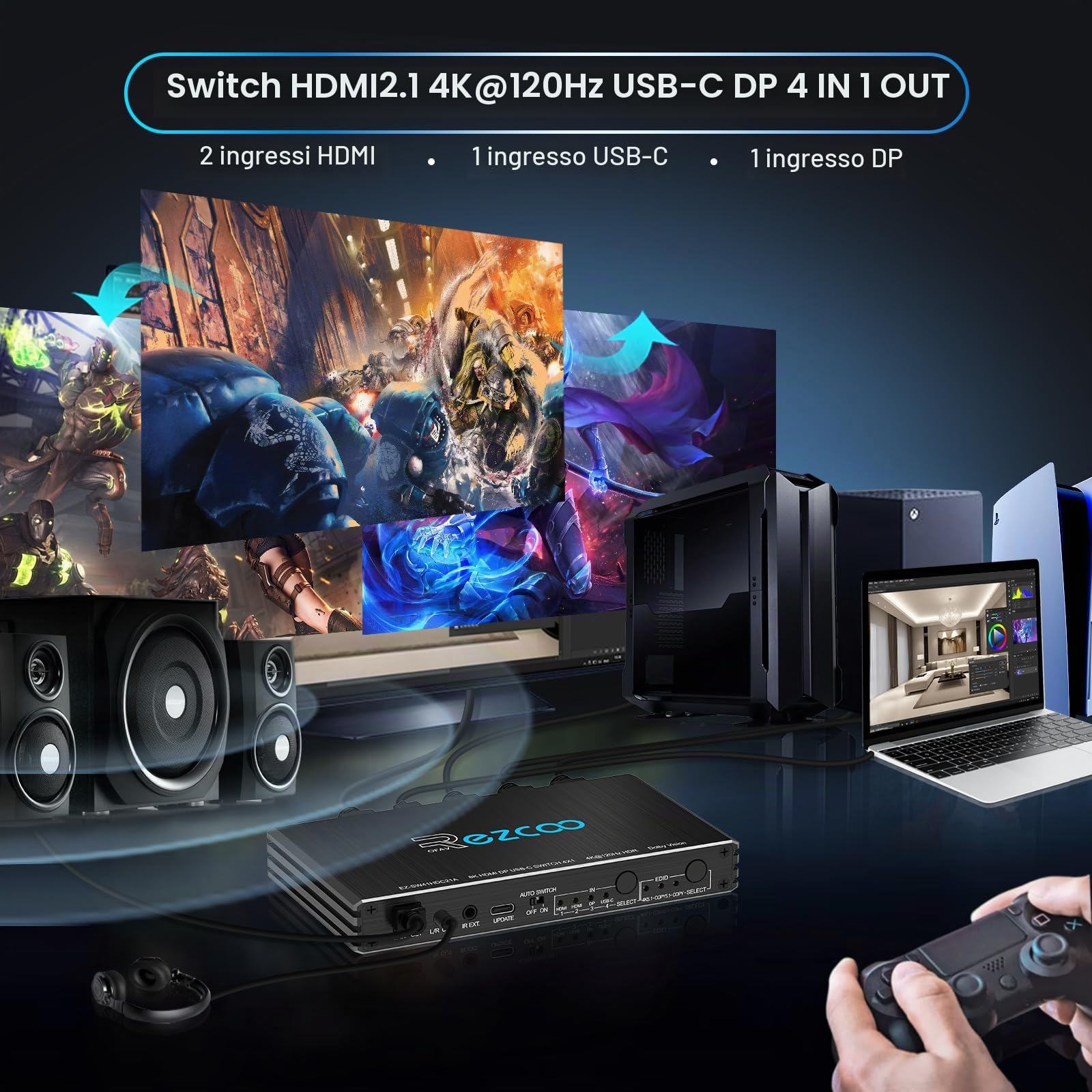 4K @ 120Hz HDMI 2.1 Switch 4x1 USB C DP1.4 4 porte Switcher con estrattore audio (ottico e 3,5 mm out) VRR ALLM HDCP 2.3 HDR Dolby Vision/Atmos Audio ottico per PS5, Xbox, giochi, telecomando IR