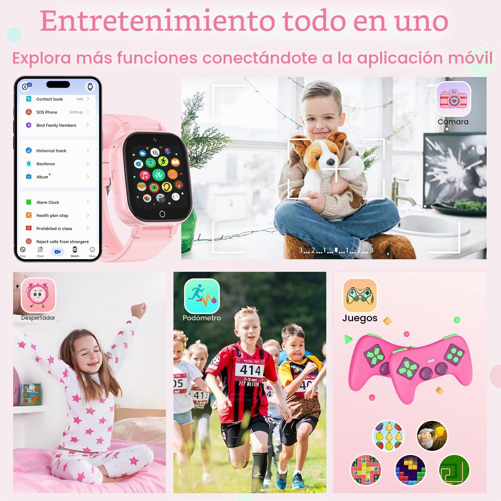 Reloj Inteligente Niño 4G, Smartwatch Niños con GPS y Teléfono, Videollamadas, SOS, Chat de Voz, Modo Escuela, Despertador, Juegos, Podómetro, Reloj Inteligente Niñas Niños 4-12 Regalo (Rosa)