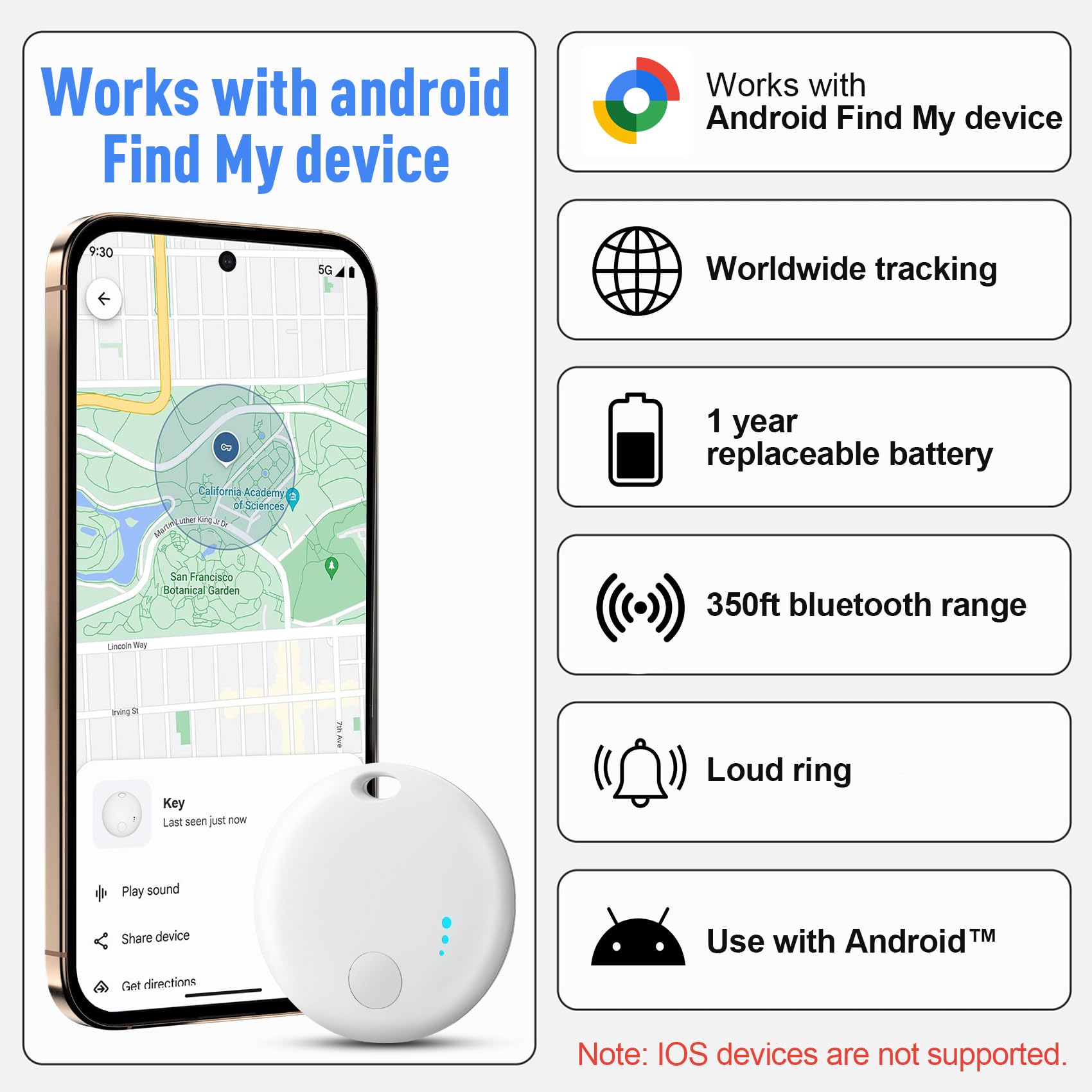 Rastreador Bluetooth para Android, paquete de 4 buscadores de artículos funciona con la aplicación Google Find My Device, buscador de llaves y localizador de artículos para llaves, cartera, bolsas