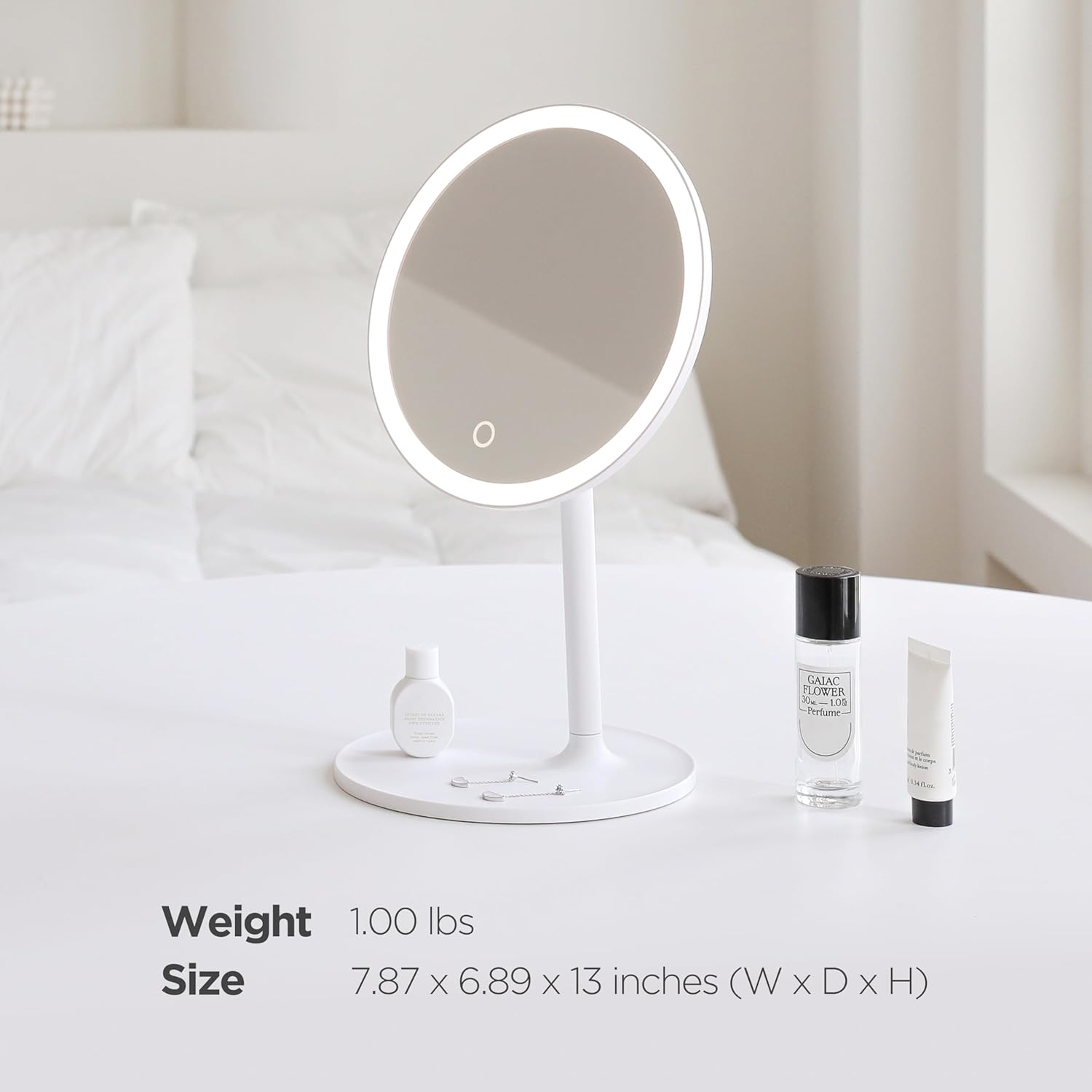 mooas Travel Makeup Mirror, Portable LED Lighted Vanity Mirror, 6.1×7.83 in Slim Foldable Mirror with Touch Control, 3-Color Dimmable Lighting, Rechargeable USB-C, Pouch Included, White (Round)