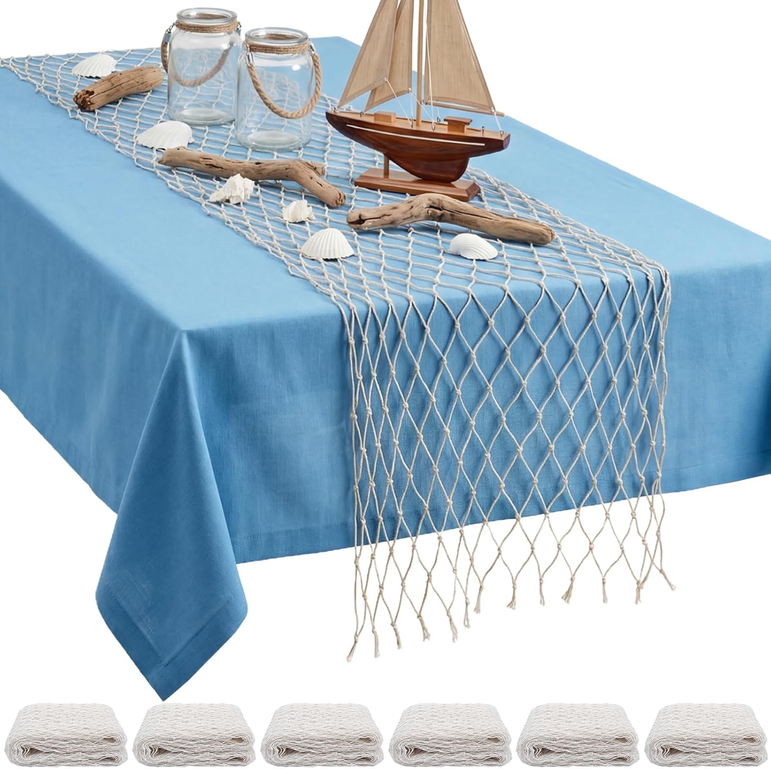 SATINIOR 6 Pcs Fish Net Party Decorations Fishing Net Table Runner Decorative Nautical Cotton Fishnet for Pirate Mermaid Hawaiian Ocean Beach Under the Sea Themed Party Decor (Natural)