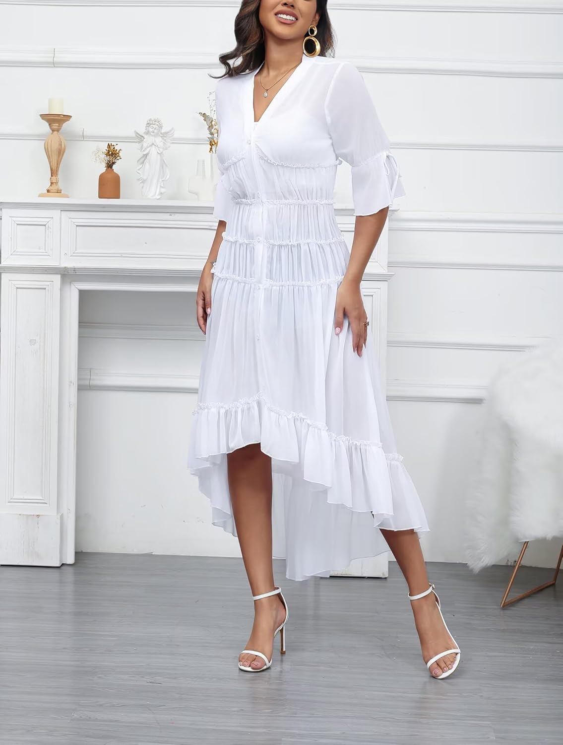 Aro Lora Women's Button Down Shirt Dress Sheer Chiffon V Neck Asymmetrical Ruffle Summer Beach Maxi Dress - Image 4