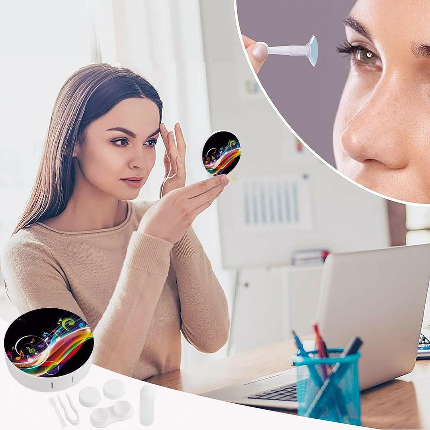 Colorful Music Contact Lens Case,Compact Portable Circle Contacts Lenses Case with Mirror Tweezers Contacts Lenses Container for Travel Daily Life