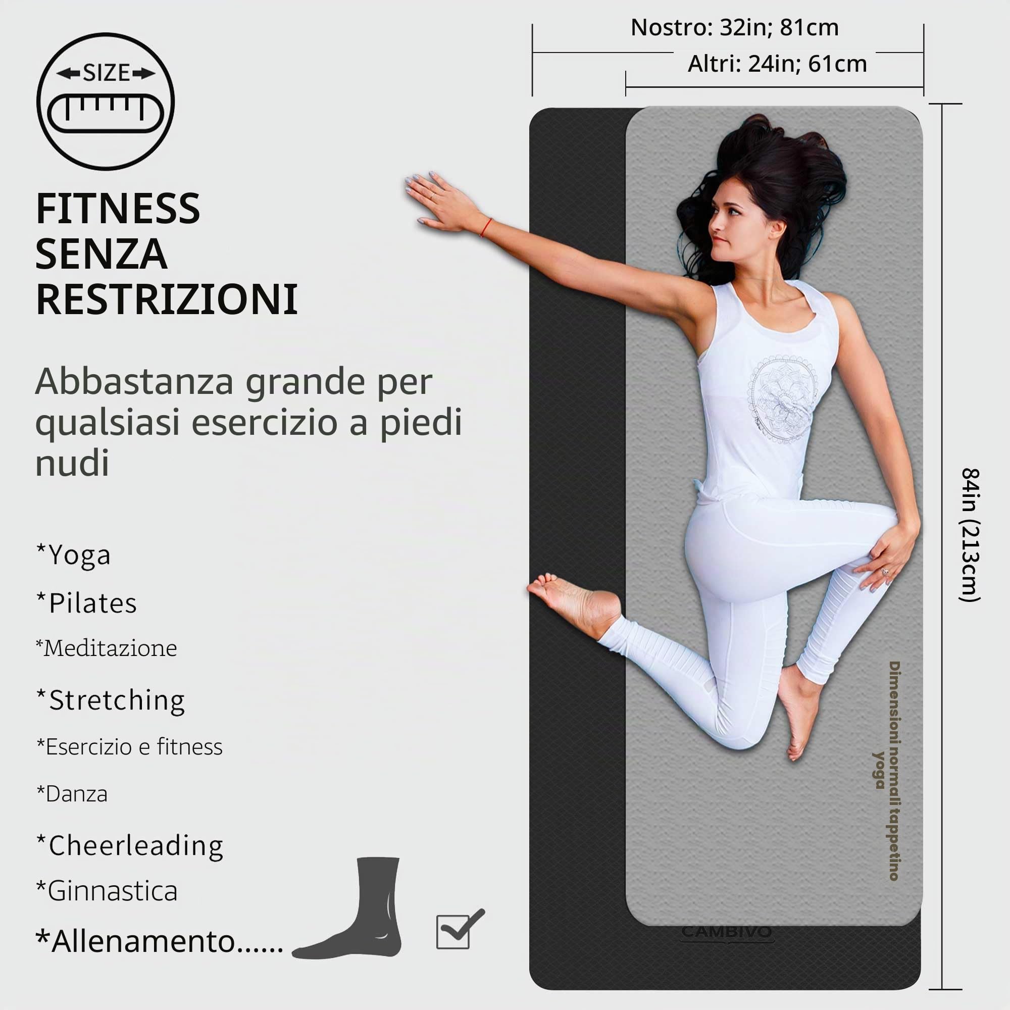 CAMBIVO Tappetino Palestra TPE Antiscivolo 213 x 81 x 6 mm per Adulti | Materassino Yoga e Pilates Extra Largo con Cinghia per Fitness, Ginnastica e Workout a Casa e in Palestra