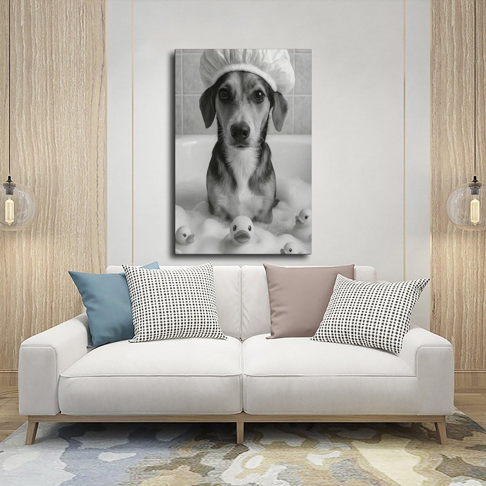 Lustiger Hund in der Badewanne, niedlicher Welpe mit Duschhaube, Leinwandposter, Wandkunst, Dekordruck, Bild Gemälde für Wohnzimmer, Schlafzimmer, Dekoration, 50,8 x 76,2 cm (L x B)