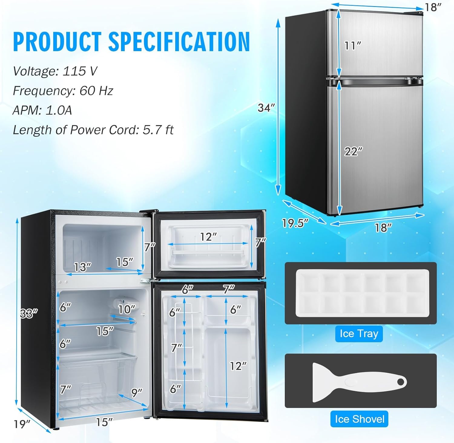 KOTEK Mini Fridge with Freezer, 3.2 Cu.Ft Compact Refrigerator/Freezer with 5 Level Adjustable Thermostat, Reversible 2 Doors & Removable Glass Shelves, Mini Fridge for Bedroom/Dorm/Office (Silver)