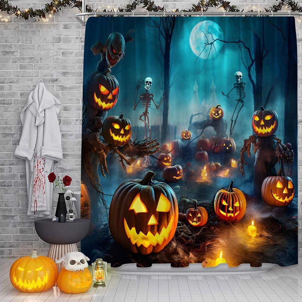 Halloween Shower Curtain Spooky Skull Skeleton Horror Pumpkin Lantern Full Moon Misty Forest Gothic Halloween Night Scene Fabric Bathroom Decor Curtain with Hooks