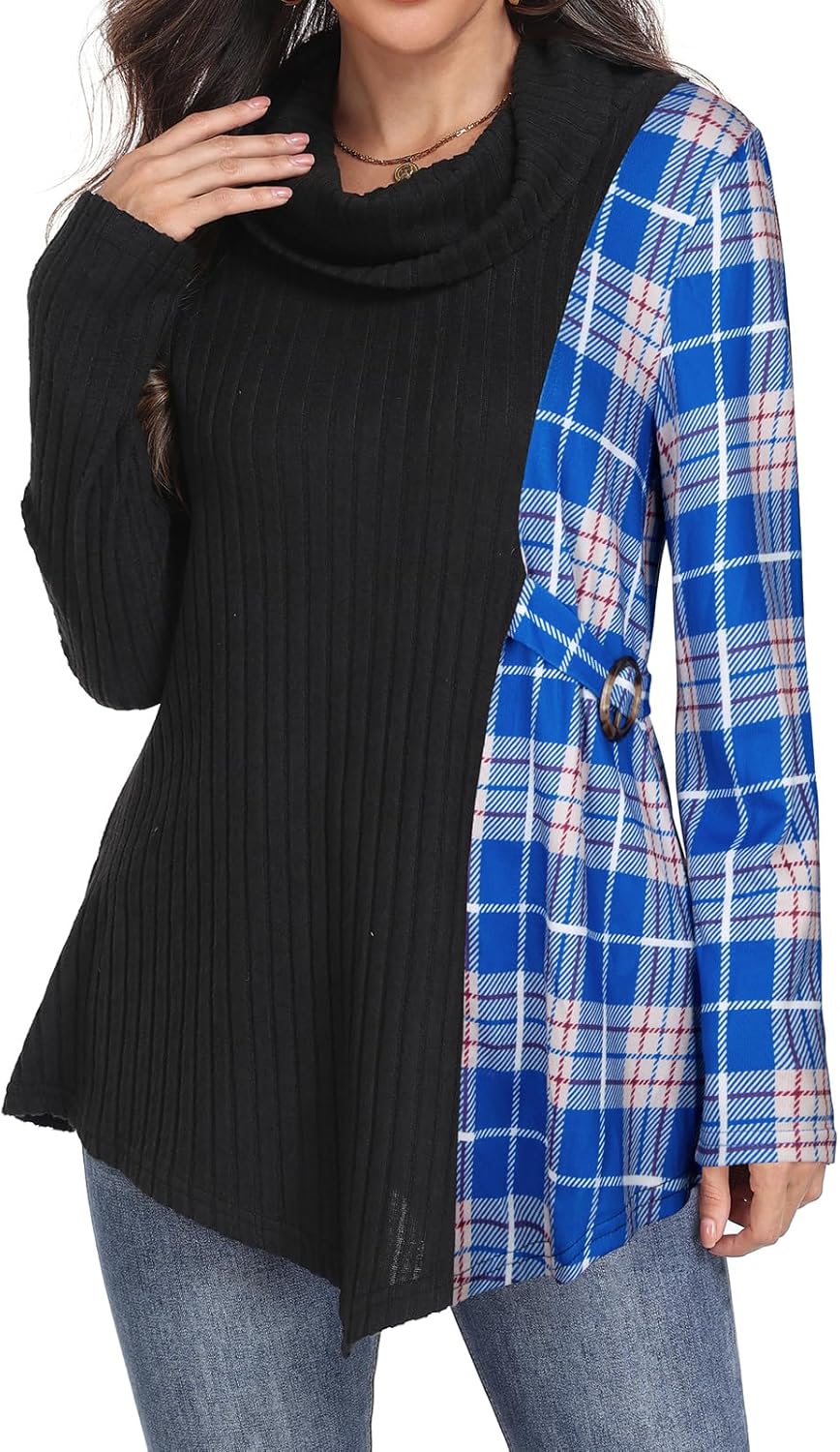 SeSe Code Cowl Neck Tunic Sweater for Women Lightweight Long Sleeve Tunic Tops for Leggings with Asymmetric Hem Knit Pullover