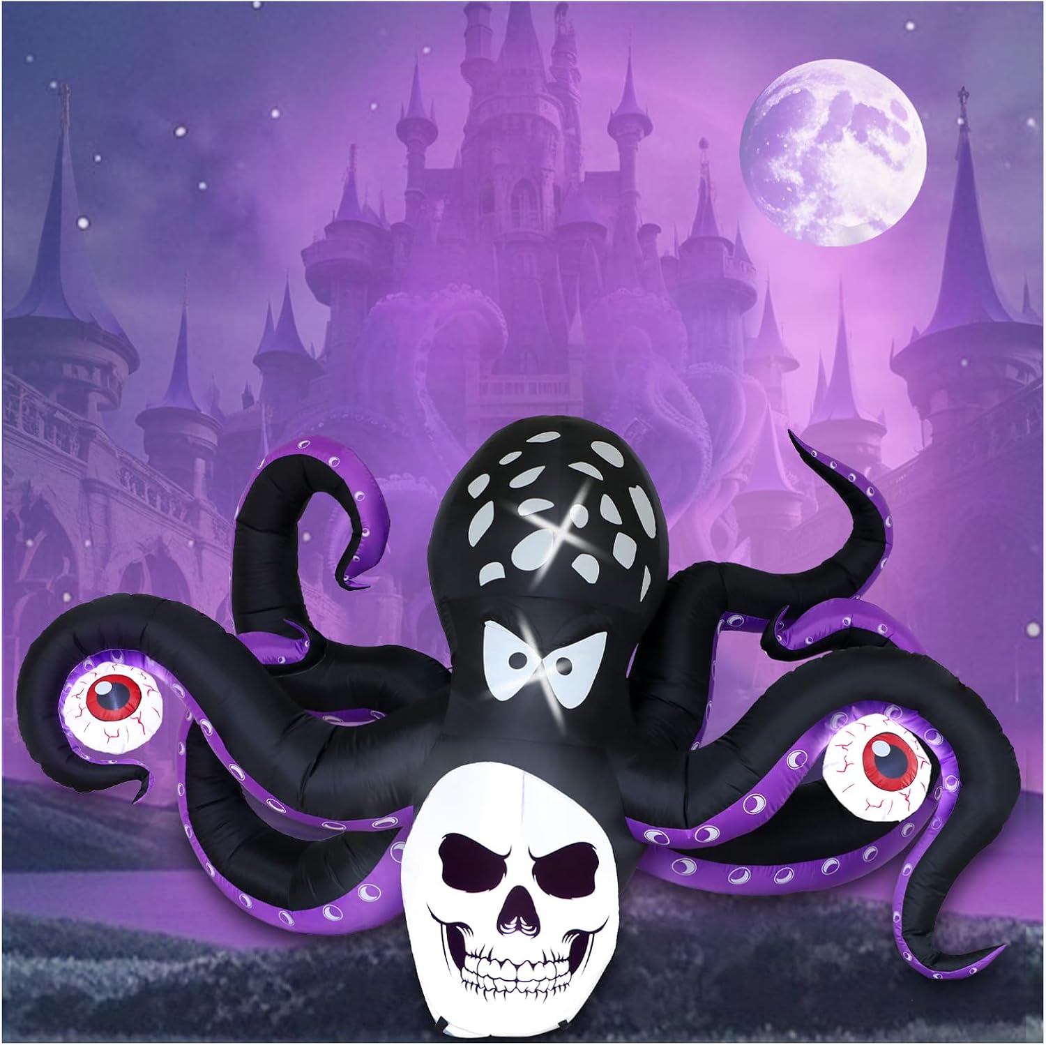 Spinosaurus 7.5 FT Halloween Inflatables Outdoor Decoration,Inflatable Octopus with Eyeball&Skull 6 Tentacle Sea Monster Giant Blow Up Octopus with LEDs for Garden Yard Decor