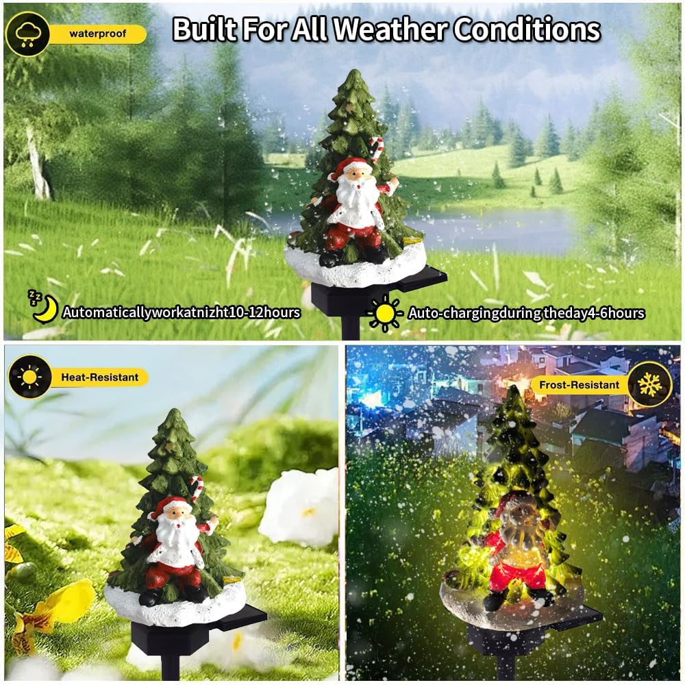 LED Solar Santa Claus and Tree Floor lamp, Christmas Outdoor Atmosphere Decoration Resin Light, Cute Elderly and Tree Courtyard Warm Lights.