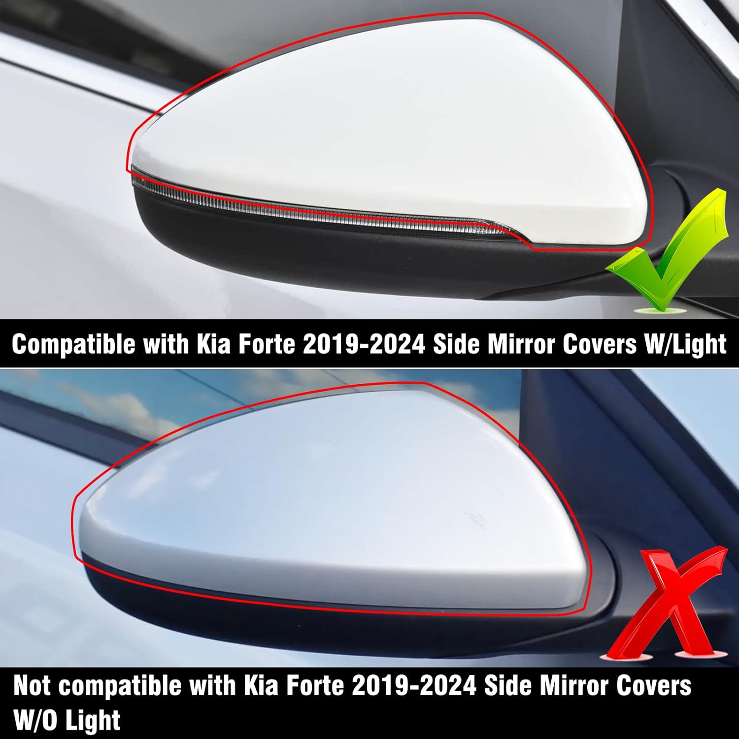 2PCS Compatible with Kia Forte K3 Ox Horn Side Mirror Covers Trim 2019 2020 2021 2022 2023 2024, Driver and Passenger Side Door Rearview Mirror Caps for Kia K3 2023 W/Light Hole - Glossy Black