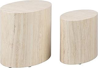 AC Design Furniture Rico Coffee Table in Beige Travertine Look, Set of 2, Space-Saving Oval Side Tables for Living Room, M...