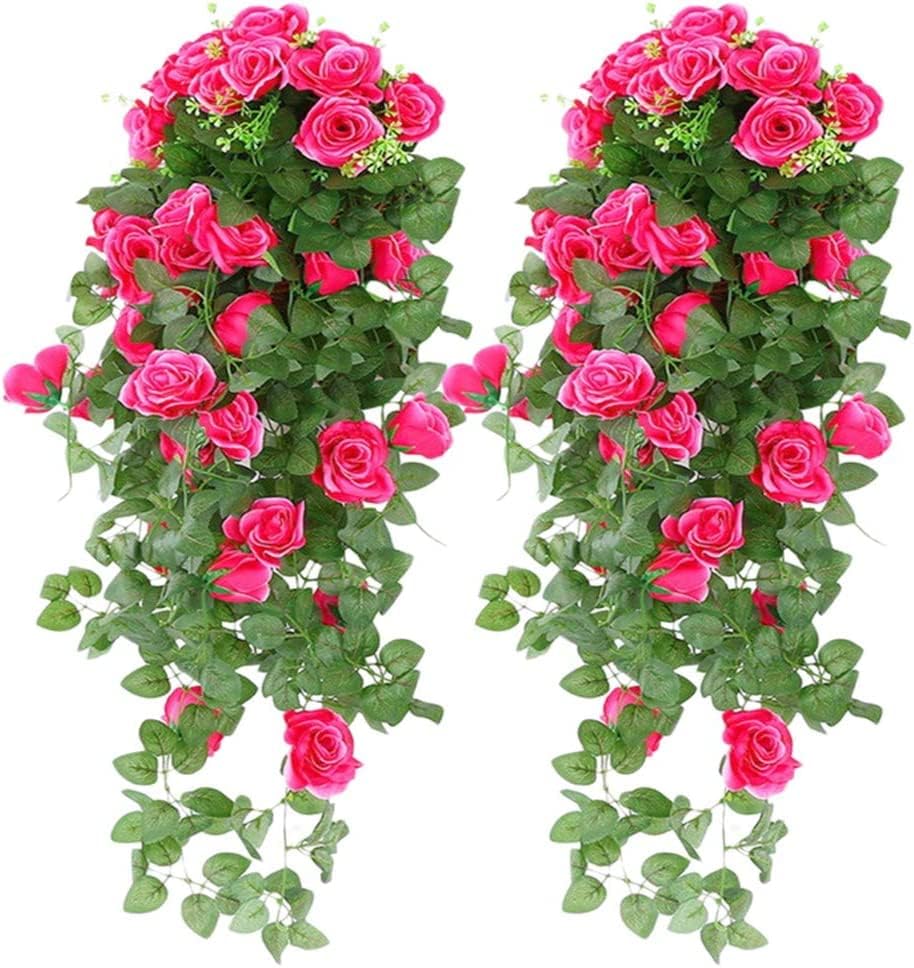 MJARTORIA 2Pack Artificial Rose Flowers Artificial Hanging Basket Plant Vine Fake Silk Trailing Flower for Garden Wall Fence Wedding Balcony Outdoor Indoor Home Door Decoration