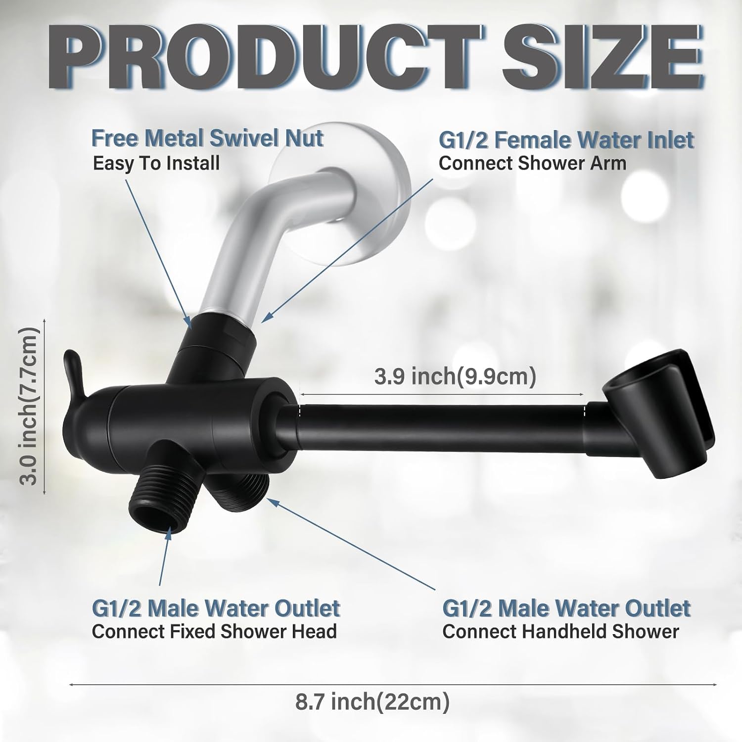 YDmeet All Metal Shower Diverter Valve With HandShower Holder - Upgraded 3 Way Shower Head for Handheld and Fixed Rain Showerhead - Universal G1/2 Arm, Bathroom Part, Matte Black