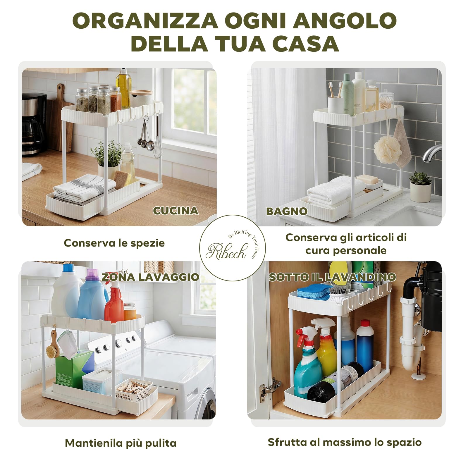 Scaffale per Sottolavello 2 Piani, con Cassetto Estraibile e Vassoio, Organizzatore Multiuso per Cucina e Bagno, Bianco