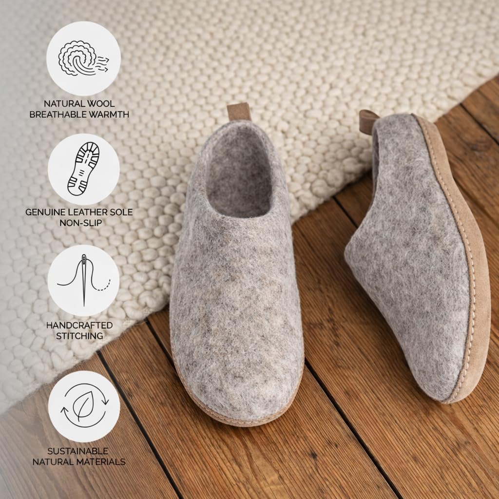 Wool Indoor Slippers - Natural Organic Wool, Genuine Leather Sole, Handmade in Nepal - Cozy, Warm, Soft, Unisex Non-Slip House Shoes for Men & Women - Perfect for Winter Comfort - Image 7