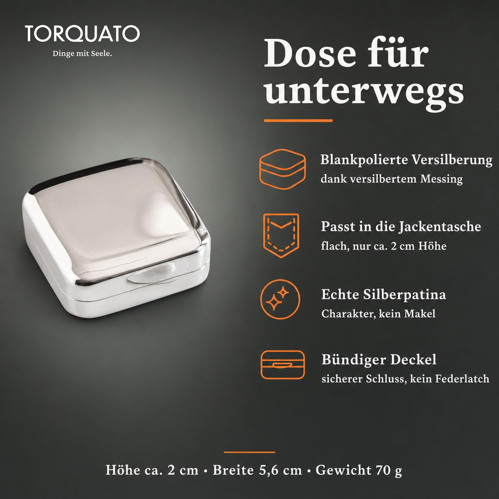 TORQUATO Pillendose Pure, versilbertes Messing, flach für Jackentasche