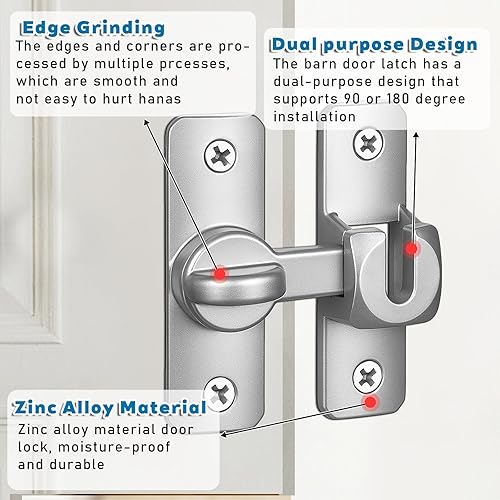 Miniatura 5 de Paquete de 2 cerraduras de puerta de granero de 90180 grados, pequeños cierres de puerta abatible, cerradura de pestillo giratorio, cerraduras de