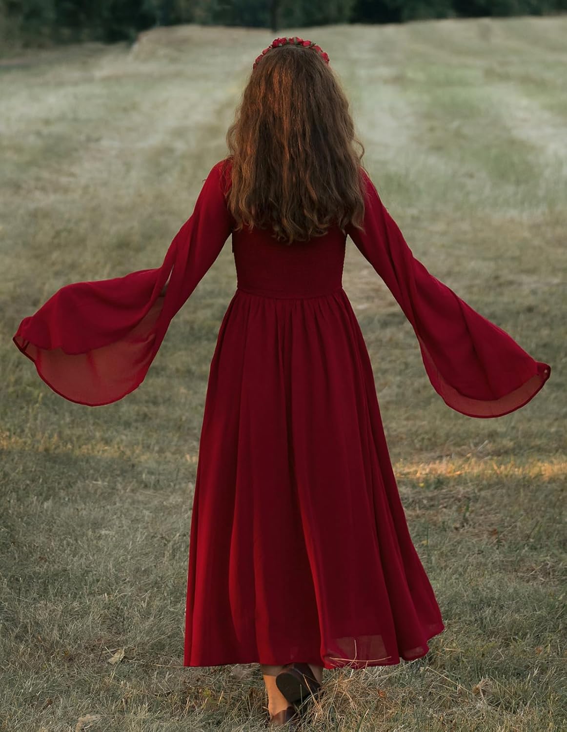 Scarlet Darkness Renaissance Costume Women Pirate Dresses Split Bell Sleeve Medieval Ren Faire Dress with Pockets - Image 6